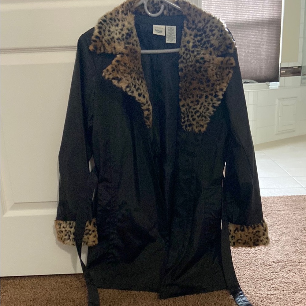Leopard Trim Black Women's Coat